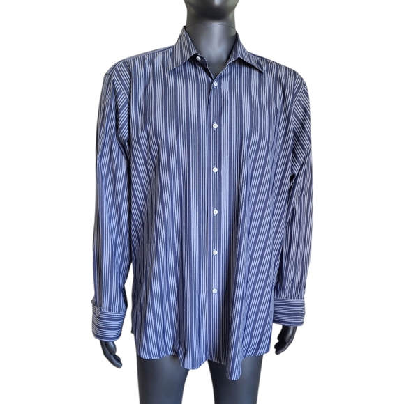 114B. Luciano Barbera Navy Striped Dress Shirt - Size XL - Picture 1 of 5